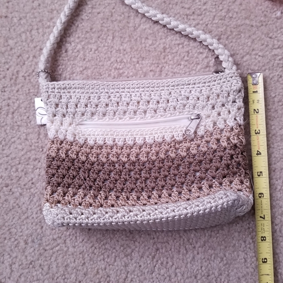 Cute Light Beige and Brown Crochet Knit Weave Shoulder Purse - Picture 7 of 12